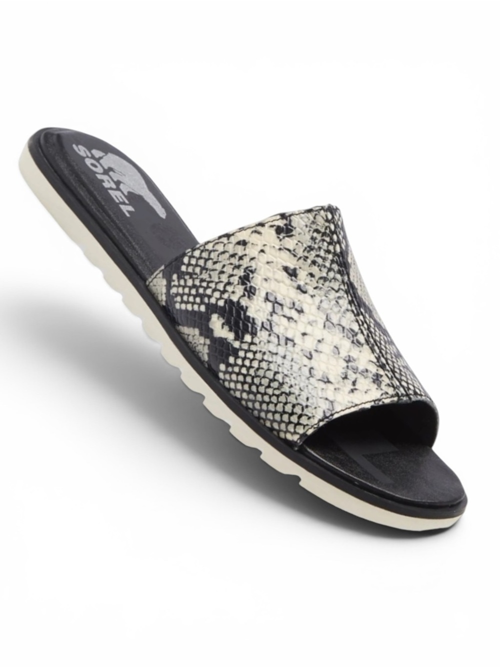 SOREL ELLA II BLOCK SLIDE SNAKESKIN RUBBER SOLE LEATHER SANDAL